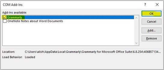 select grammarly addon ms word