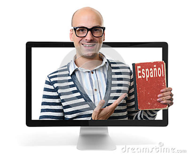 A man popping out of a computer screen and showing a book call Espanol (Meaning Spanish)